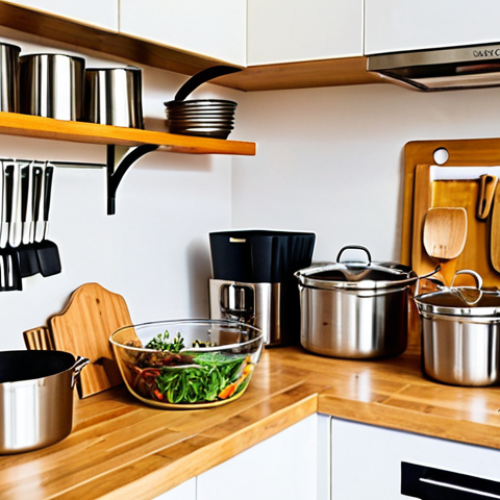 Home 11 A brightly lit, modern kitchen showcasing a variety of eco-friendly cooking tools. Include wooden utensils in a crock, stainless steel pots hanging from a rack, bamboo cutting boards, and glass food storage containers. A countertop compost bin sits neatly in the corner. The overall impression is clean, organized, and inviting, emphasizing the aesthetic appeal of sustainable kitchenware.