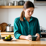 A professional individual in modest, appropriate attire, carefully examining a variety of eco-friendly kitchenware on a light wooden countertop in a bright, modern kitchen. The scene showcases items made of bamboo, glass, and stainless steel, emphasizing sustainable materials and conscious choices. The setting is clean and well-lit with natural light. fully clothed, safe for work, appropriate content, professional, perfect anatomy, correct proportions, natural pose, well-formed hands, proper finger count, natural body proportions, professional photography, high quality.
