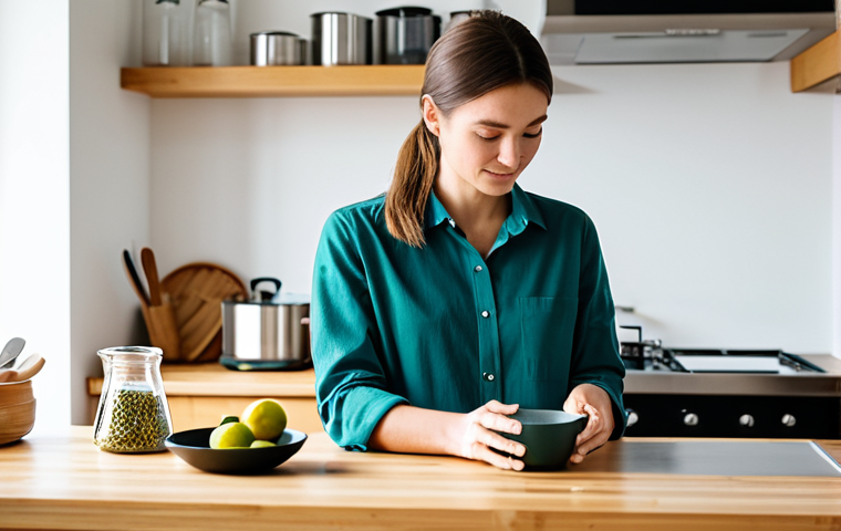 A professional individual in modest, appropriate attire, carefully examining a variety of eco-friendly kitchenware on a light wooden countertop in a bright, modern kitchen. The scene showcases items made of bamboo, glass, and stainless steel, emphasizing sustainable materials and conscious choices. The setting is clean and well-lit with natural light. fully clothed, safe for work, appropriate content, professional, perfect anatomy, correct proportions, natural pose, well-formed hands, proper finger count, natural body proportions, professional photography, high quality.