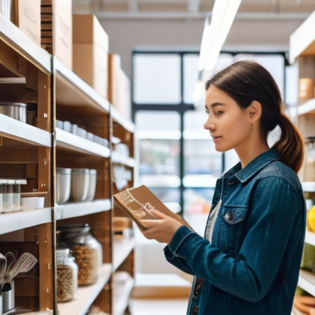 주방 도구의 친환경 인증 마크 해설 - A bright and airy kitchenware store aisle. A young adult, dressed casually, stands in front of a she...