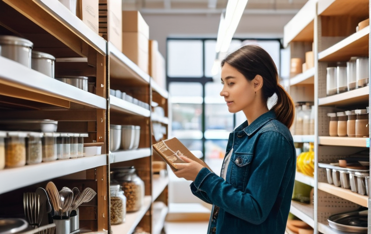 주방 도구의 친환경 인증 마크 해설 - A bright and airy kitchenware store aisle. A young adult, dressed casually, stands in front of a she...