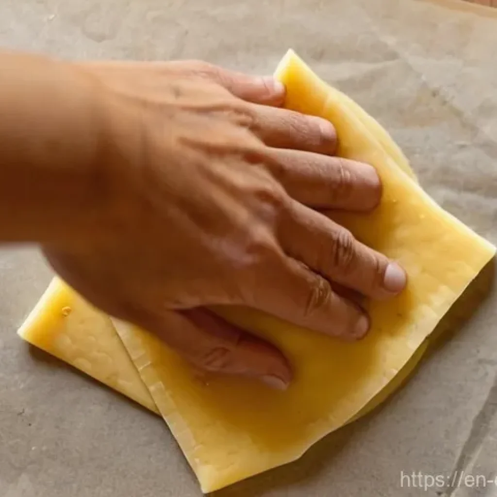 친환경 주방 도구 DIY 프로젝트 - **Prompt: Crafting Sustainable Beeswax Food Wraps**
A close-up, top-down shot of a person's hand...