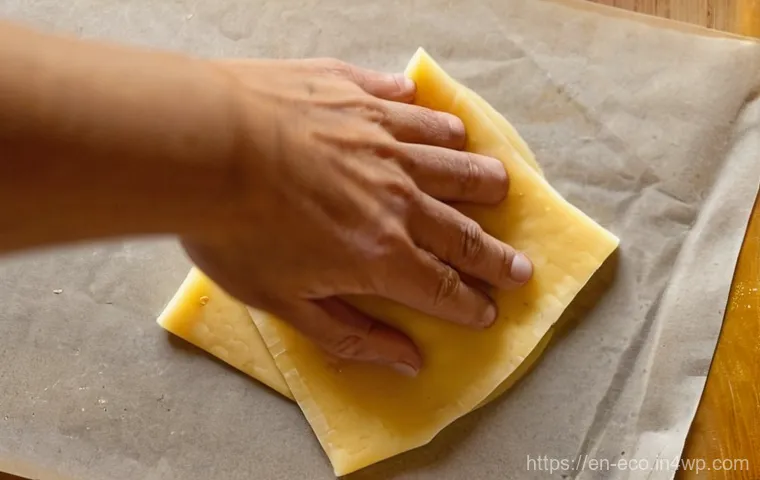 친환경 주방 도구 DIY 프로젝트 - **Prompt: Crafting Sustainable Beeswax Food Wraps**
A close-up, top-down shot of a person's hand...