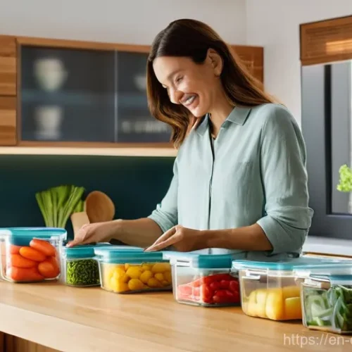 Home 25 주방 도구의 친환경 트렌드 분석 - **Prompt:** A brightly lit, modern kitchen with a focus on eco-friendly tools and materials. A woman...