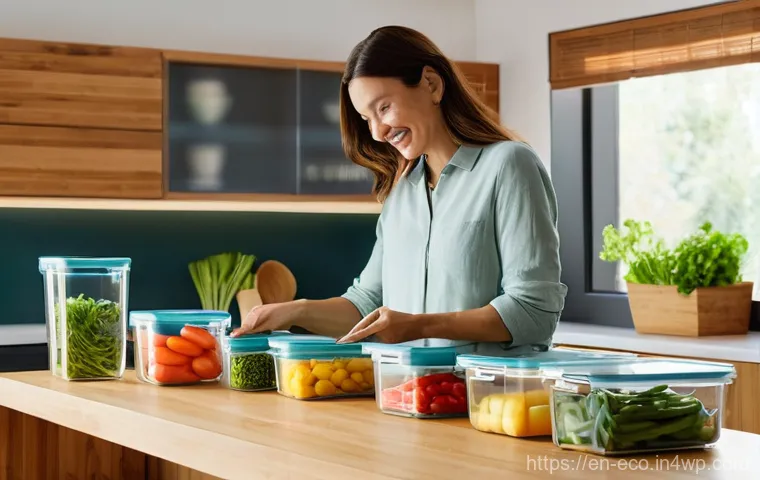 주방 도구의 친환경 트렌드 분석 - **Prompt:** A brightly lit, modern kitchen with a focus on eco-friendly tools and materials. A woman...