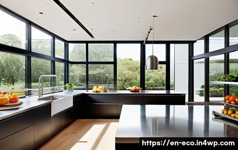 주방 도구의 원자재와 환경적 영향 - **A Modern and Sustainable Kitchen Oasis.**
    *   **Prompt**: A high-angle, bright, and airy photo...